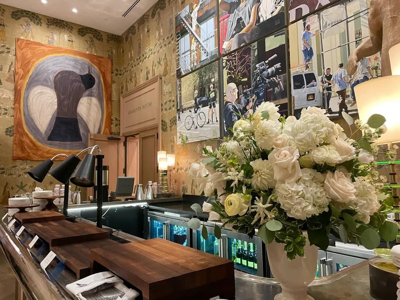 White hydrangeas on the bar at a Wall Street Journal event
